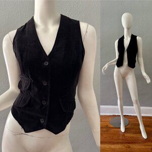 Vintage 70s Black Velvet MOD Hippie Cotton Vest Top S